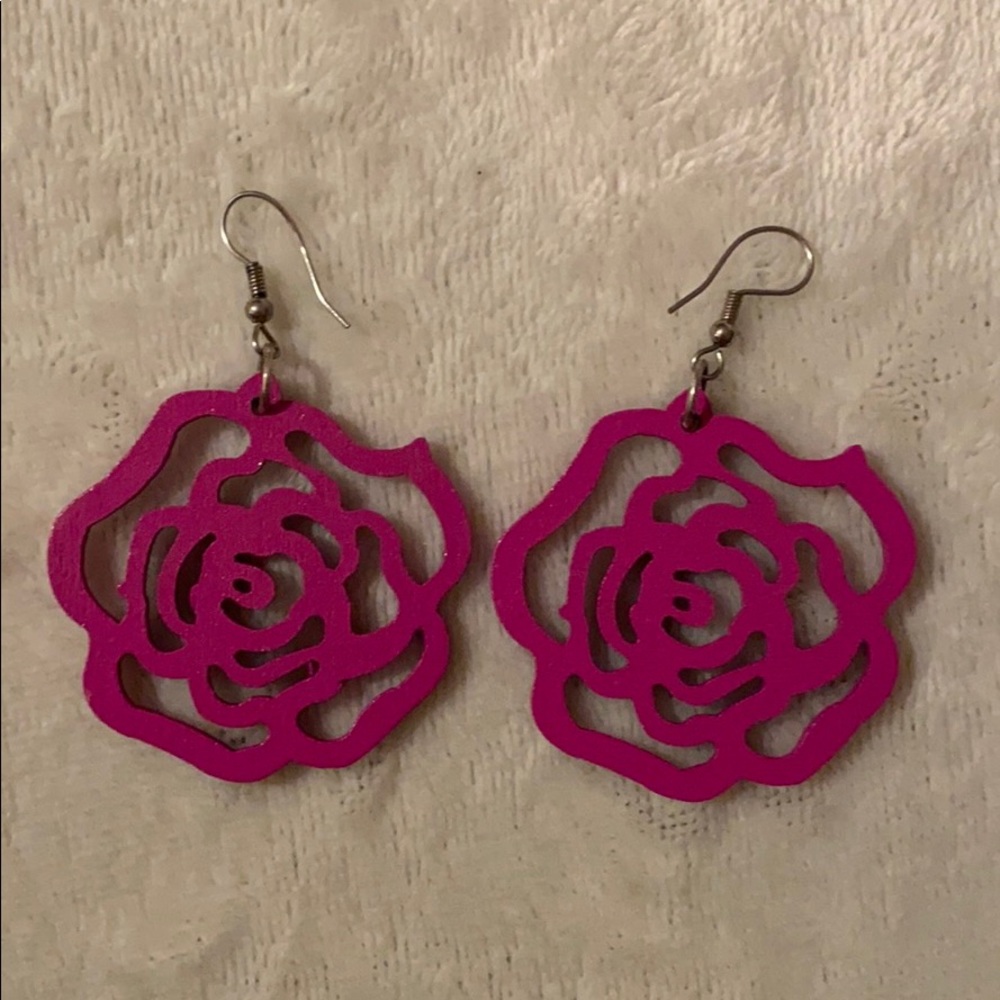 Wooden Pink Rose Earrings